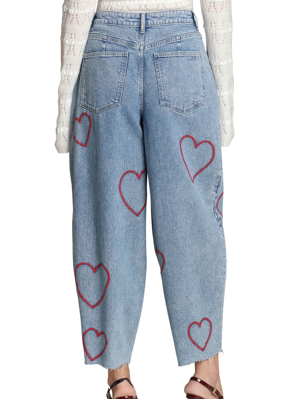 Avec Les Filles Heart Embroidered Barrel Jeans - Light Wash - Picture 6 of 7